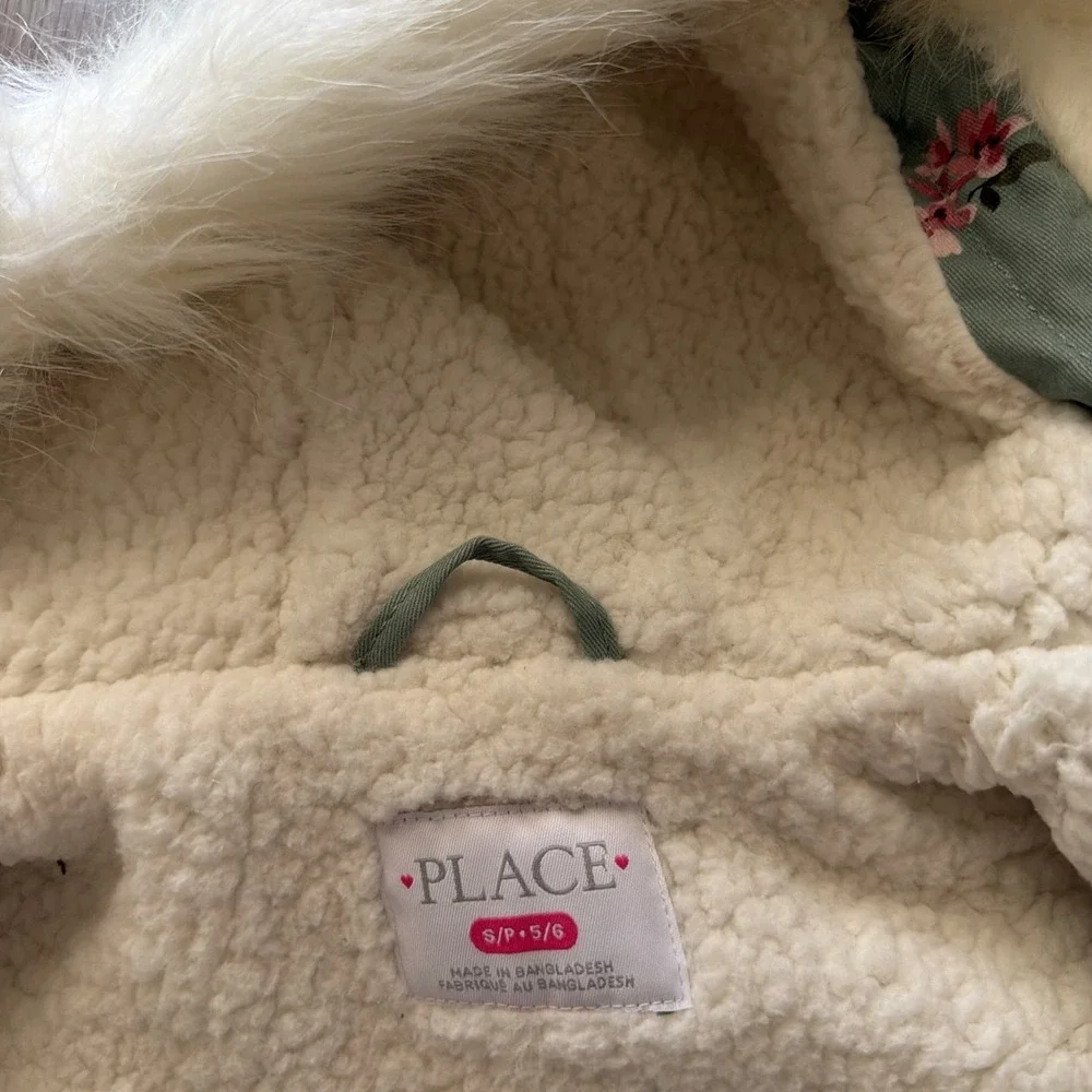 The Children's Place Girls 5 6 Floral Sherpa Lined Utility Jacket Faux Fur Hood